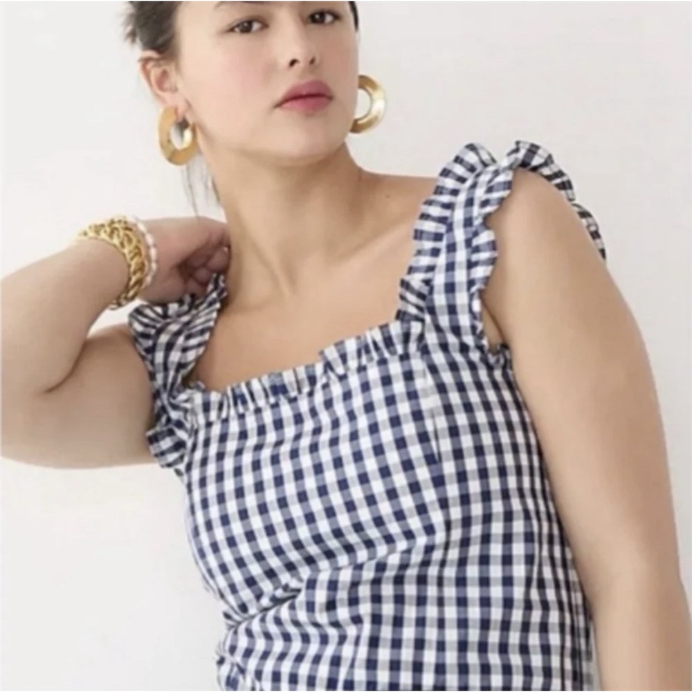 New J Crew To Women's XXS Navy Ruffle-trim stretch gingham Zip Sleeveless